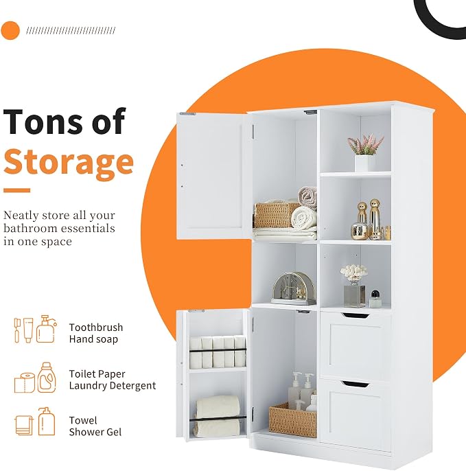 Tall Wide Storage Cabinet with 2 Doors, 2 Drawers, and Adjustable Shelves - Image 5