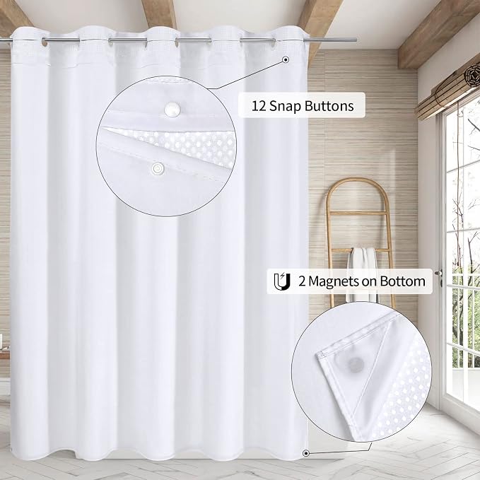 MitoVilla White Waffle Long Shower Curtain Liner Set 72 x 80, No Hooks Needed - Image 2