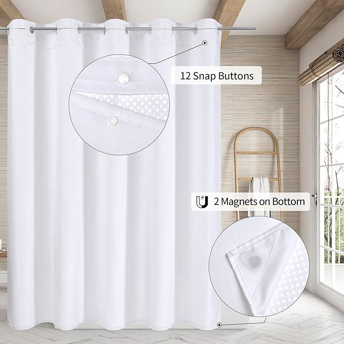 MitoVilla No Hooks Need White Waffle Shower Curtain Liner Set, Modern Waffle - Image 2