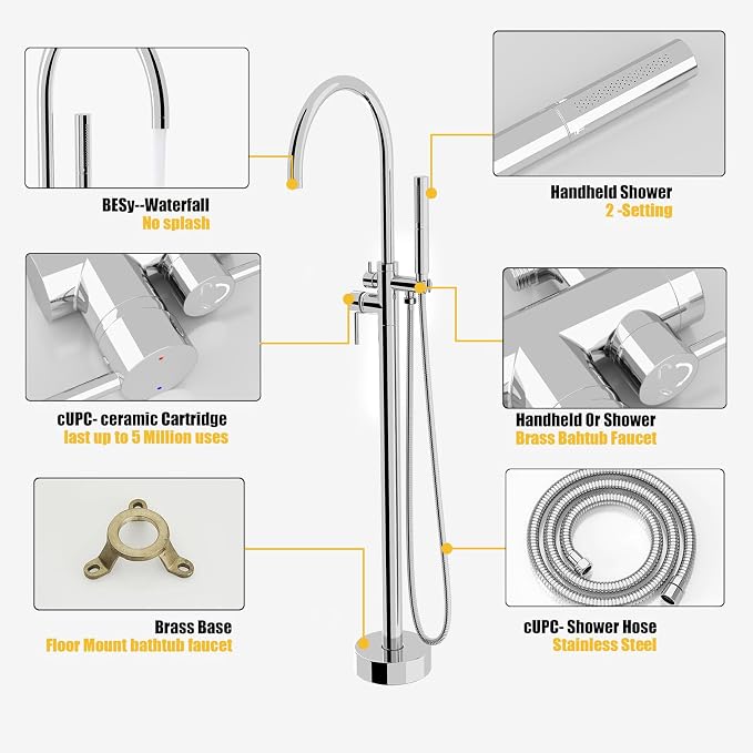BESy Freestanding Bathtub Faucet Tub Filler Free Standing Floor Mount Stand - Image 3