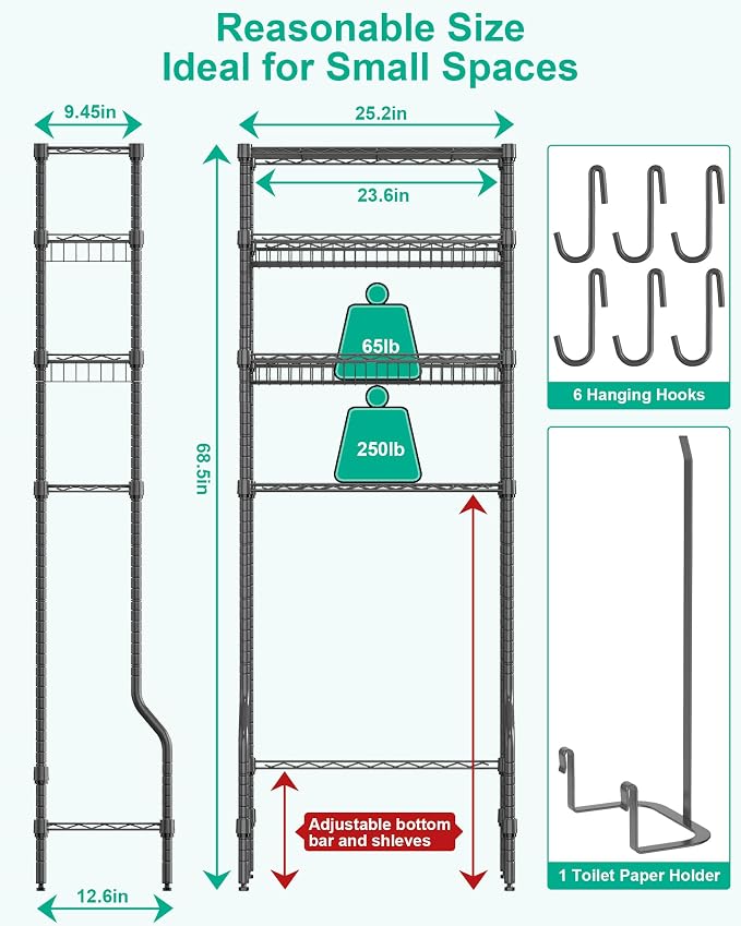 Over The Toilet Storage, 4-Tier Over Toilet Shelf Organizer Metal Storage Rack - Image 3