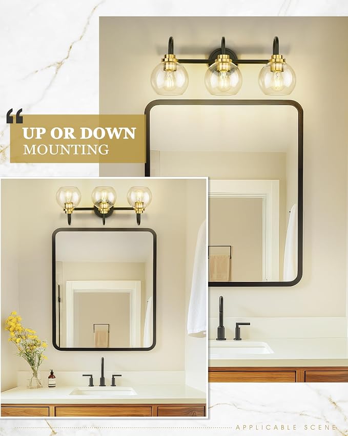Bathroom Light Fixtures, 3-Light Black and Gold Vanity Lights - Image 6