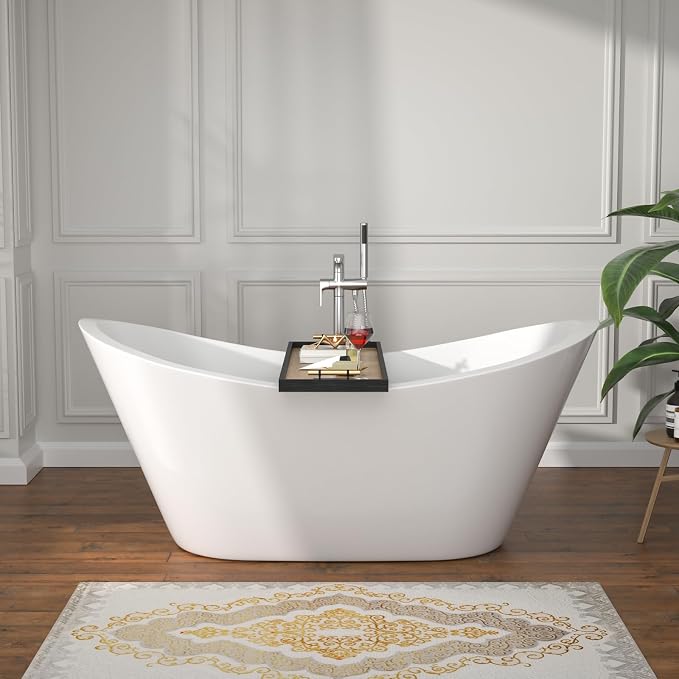 59" Freestanding Acrylic Bathtub – White Double Slipper Soaking Tub by Yurshen