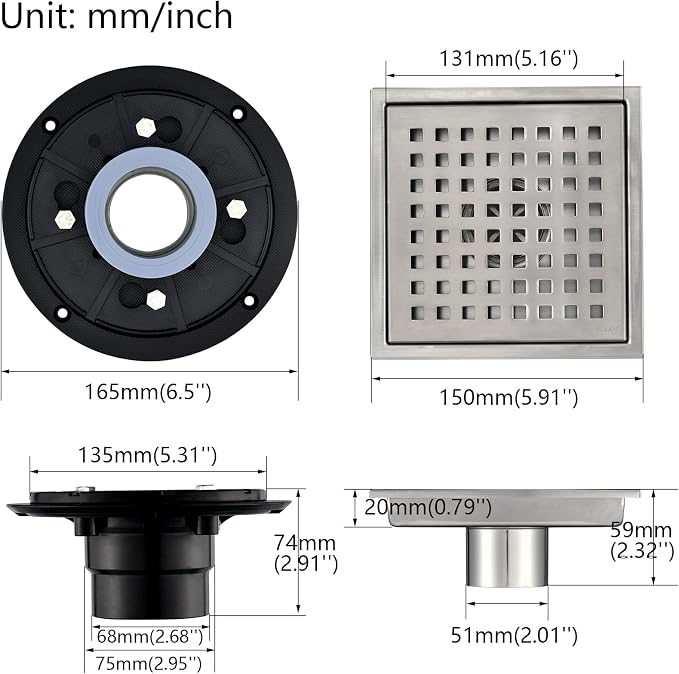 6 Inch Square Shower Floor Drain - Image 2
