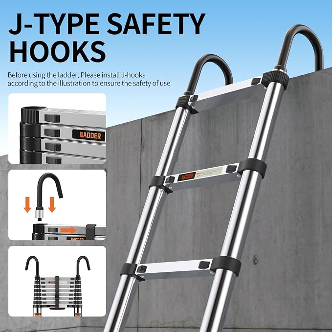 Telescoping Ladder, with Stable Hook and stabilizer barand, 12.5 FT Extension - Image 3