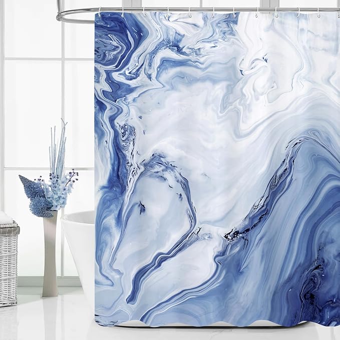 MitoVilla Navy Blue Marble Extra Long Shower Curtain Set 72 x 84, Modern Ombre by MitoVilla