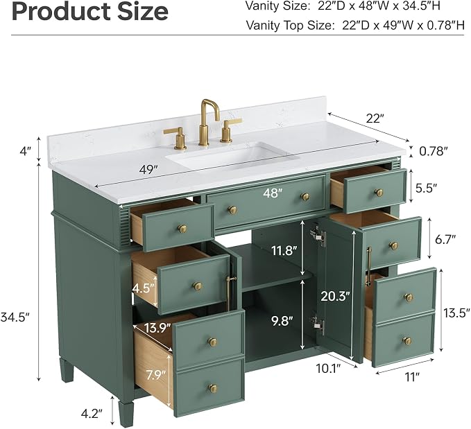 48" Bathroom Vanity with Sink, Sea Green Painted Vanity with Countertop & - Image 2