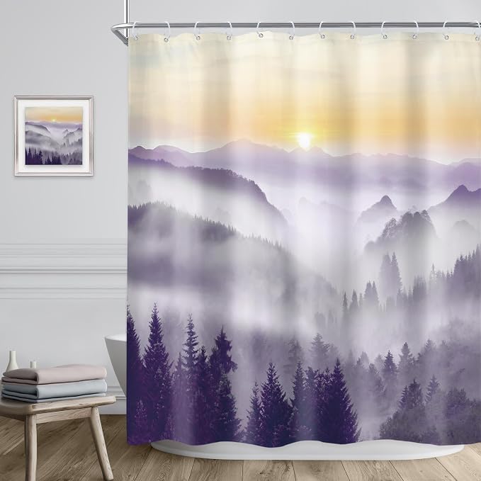 Riyidecor Misty Mountain Shower Curtain 60Wx72H Inch Purple Sunrise Nature - Image 3