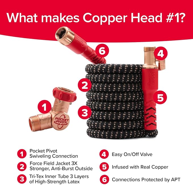 Pocket Hose Copper Head UV w/Pocket Pivot, Expandable Garden Hose 75 FT w/10 - Image 3