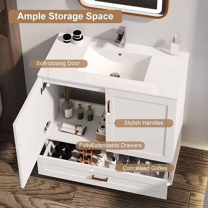 30 inch Bathroom Vanity with Sink, Modern White Vanity - Image 5
