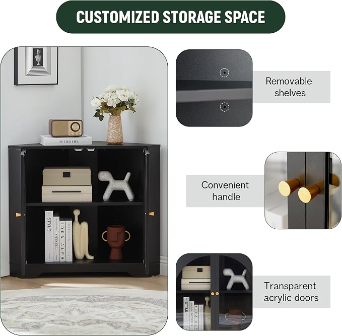 AVZEAR Modern Corner Cabinet, Mid Century Curved Corner Storage Shelf - Image 3