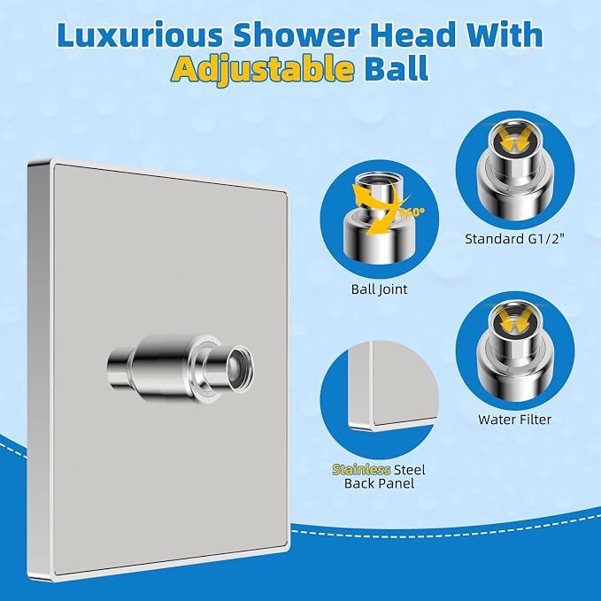Hibbent Thickness Metal Rain Shower Head, 8 Inch High Pressure Rainfall Shower - Image 2