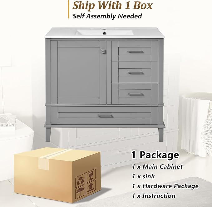 36" Bathroom Vanity with Solid Pine Frame, 1 Soft Close Door and 3 Drawers - Image 6