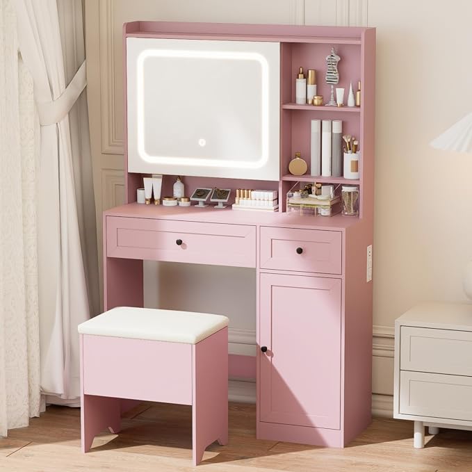 Vanity Table with Hidden Storage & LED Mirror by Unknown