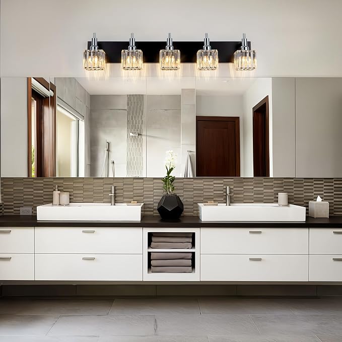 Black Chrome Bathroom Vanity Lights, 5 Lights Modern Crystal Bathroom Lighting - Image 9