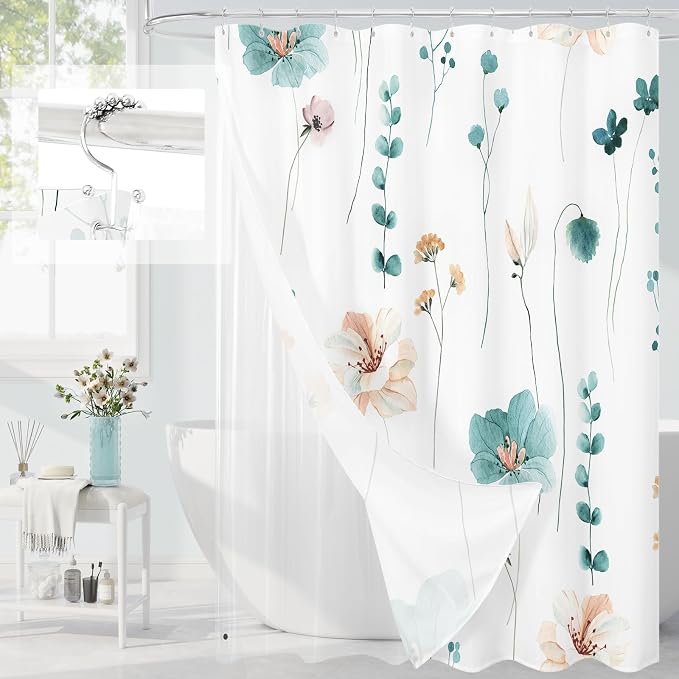 Gibelle 3 in 1 Shower Curtain Set, Teal Watercolor Floral Bath Curtain and PEVA by Gibelle