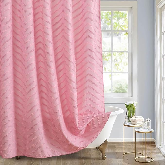 Pink Boho Shower Curtain Woven Fabric Cute Shower Curtain Modern Farmhouse by TURKIO
