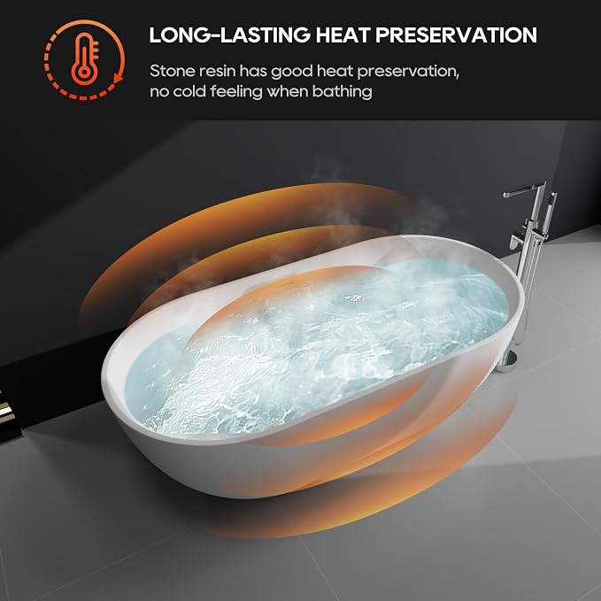 SJ STAR&JANE 59" Solid Surface Freestanding Bathtub, Matte White Oval Soaking - Image 3