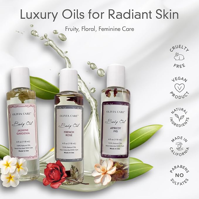 Olivia Care 3 Pack Body Oils: Apricot Fig, French Rose, Jasmine Gardenia - Image 8