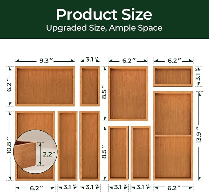 10-Piece Bamboo Drawer Organizer Set, 2.2" Deep Multi-Use Organizers - Image 3