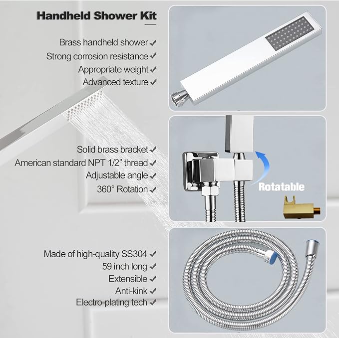 Shower Faucet Set Polished Chrome Surface Large 12 Inch Shower Head Handheld - Image 4
