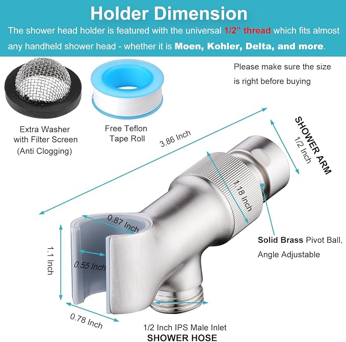 Shower Head Holder All Metal Adjustable Handheld Shower Arm Mount, 1/2" Shower - Image 4