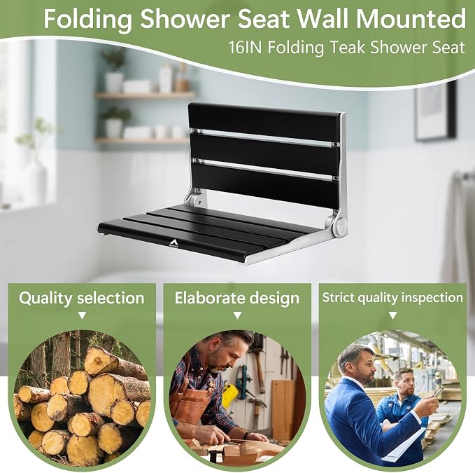 Wall Mounted Shower Seat - 16IN Teak Fold Down Shower Seat - Image 7