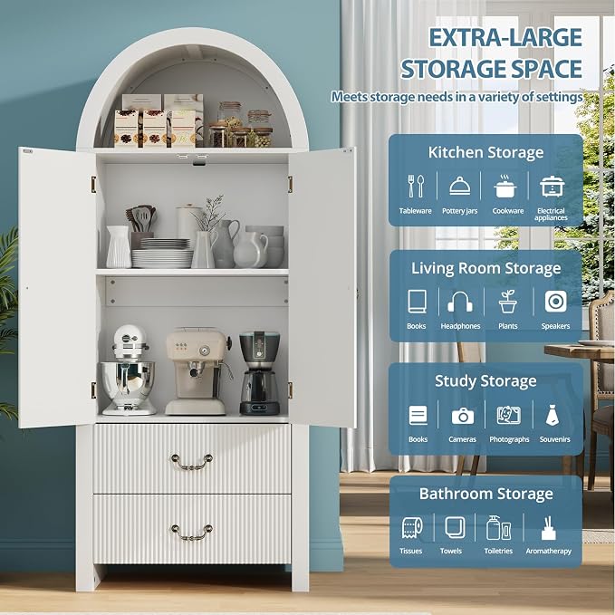 71" Tall Arched Kitchen Pantry, Wood Kitchen Storage Cabinet - Image 3