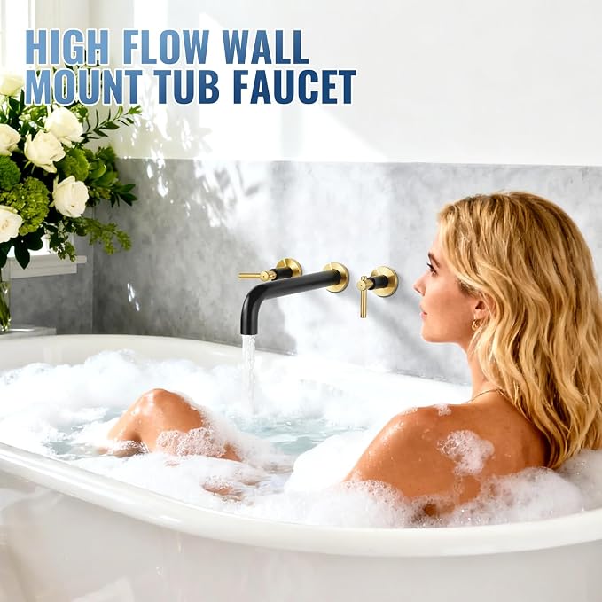 Wall Mount Tub Filler Bath Tub Faucet High Flow Bathtub Faucets Two Handles - Image 4