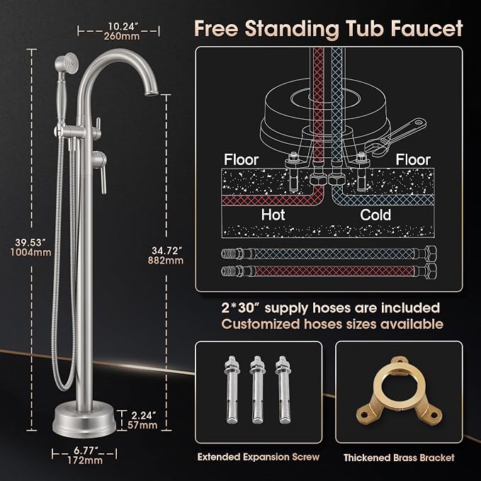 Brushed Nickel Freestanding Bathtub Faucet, Brass Floor Mount Tub Faucet High - Image 8