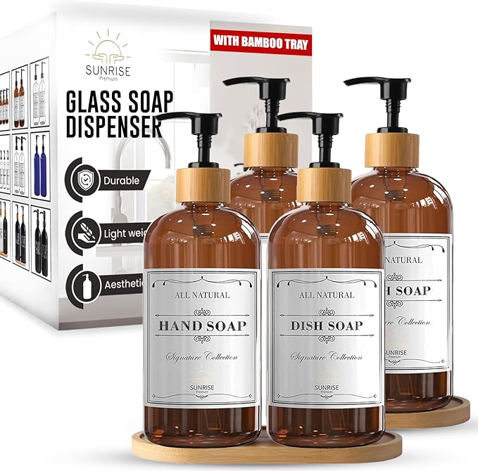 16 OZ Thick Amber Glass Soap Dispenser, Bamboo Pump by SunrisePremium