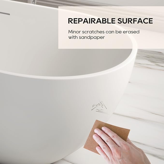SJ STAR&JANE 59" Solid Surface Freestanding Bathtub, Matte White Oval Soaking - Image 8