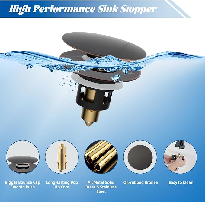 Hibbent All Metal 2 in 1 Bathroom Sink Stopper, Universal Pop Up Drain Strainer - Image 2