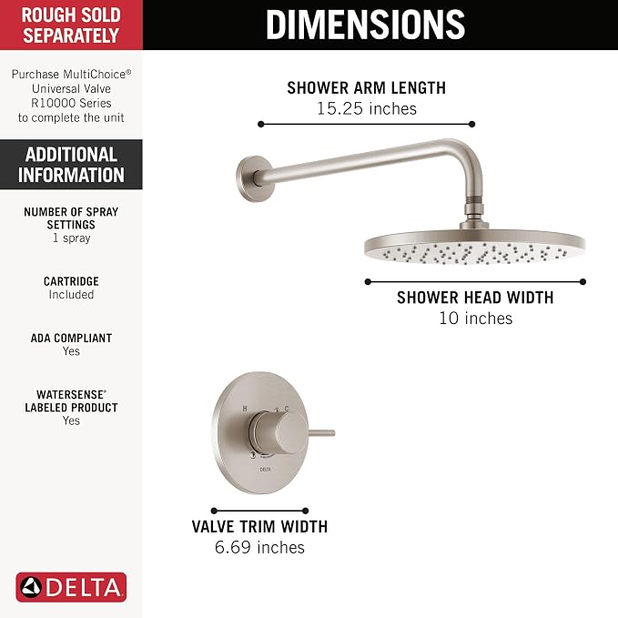 Delta Modern 14 Series Round Rain Shower Faucet Set, Brushed Nickel Shower Head - Image 3