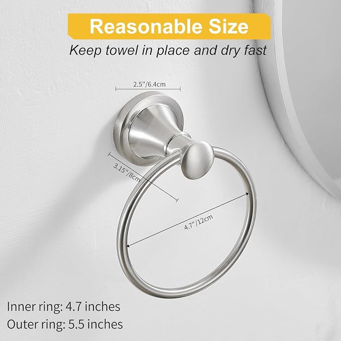 BESy Brushed Nickel Bathroom Hand Towel Ring Towel Holder, Rustproof Wall - Image 6