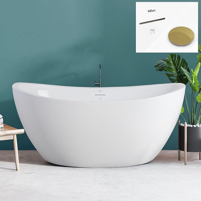 FerdY Naha 59" Acrylic Freestanding Bathtub, Curve Edge Freestanding Soaking by FerdY