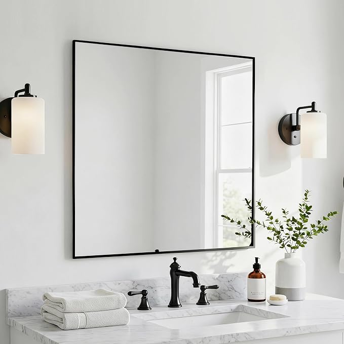 28x28 Inch Black Bathroom Mirror, Copper-Free Aluminum Alloy Frame Vanity Mirror by LEDLUX