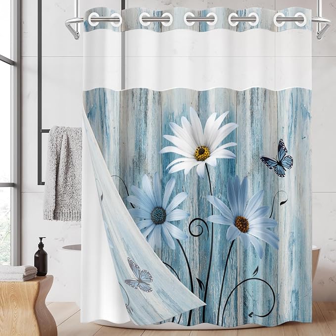 No Hook Blue Daisy Shower Curtain by Nesphy
