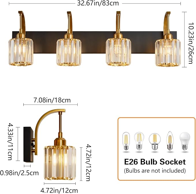 4-Light Crystal Vanity Light, Modern Black Gold Bathroom Wall Sconce - Image 5