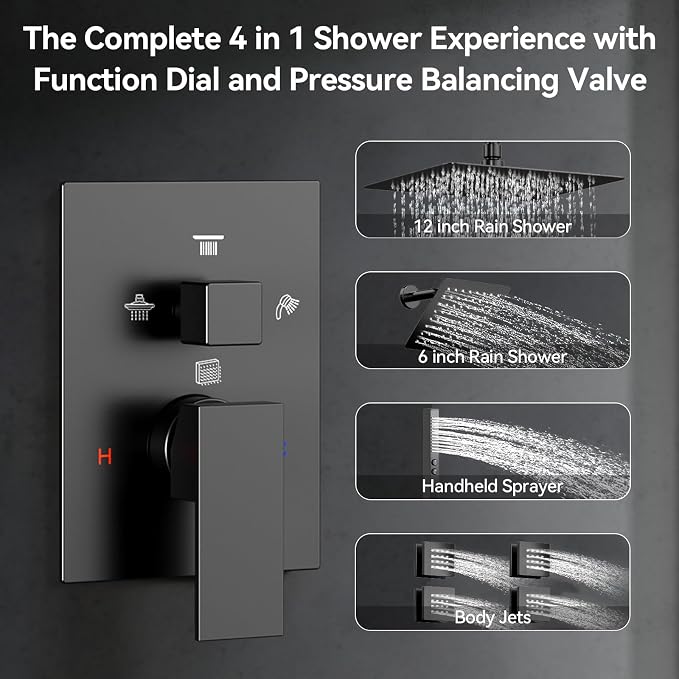 Shower System with Body Jets, Bostingner Four Modes Shower Faucet 12+6" Rain - Image 2