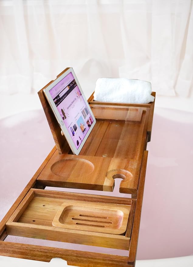 XcE Foldable Acacia Wood Bathtub Caddy Tray - Image 5