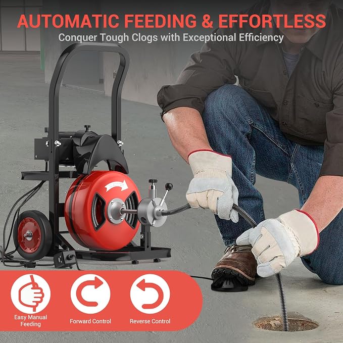 75 ft 1/2 in Cable Drain Cleaning Machine, 450W Auto Feed Portable Electric - Image 3
