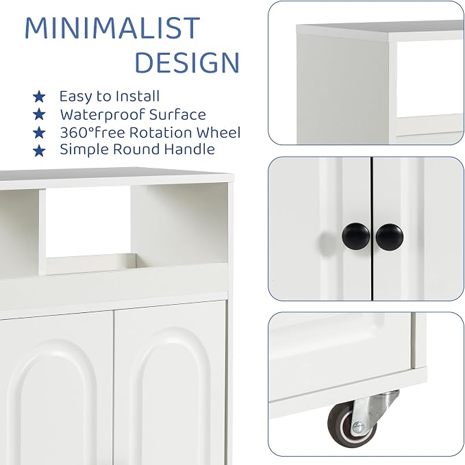 Bathroom Storage Cart with Doors，3-Door Cabinet & Divided Open Shelf，Rolling - Image 4