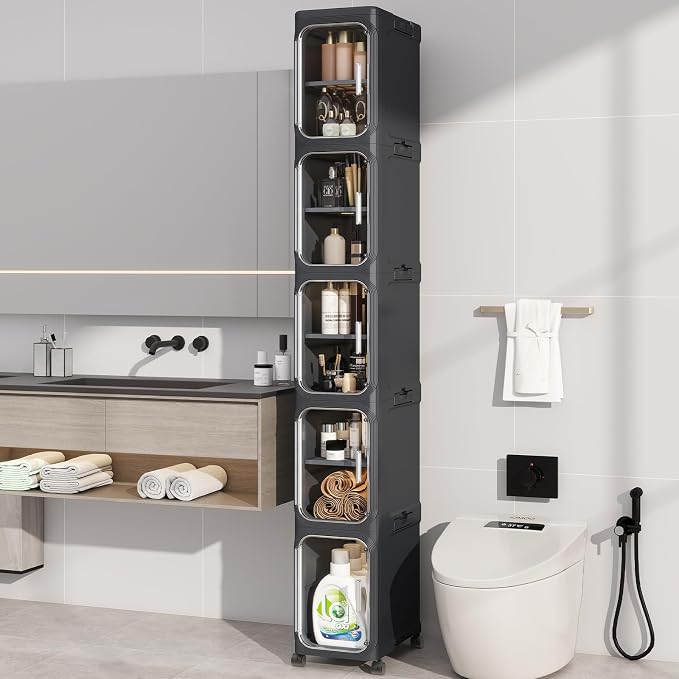KHNR 5-Tiers Slim Bathroom Storage Cabinet, Foldable Storage Cabinets, Narrow by EnjoyYourLife