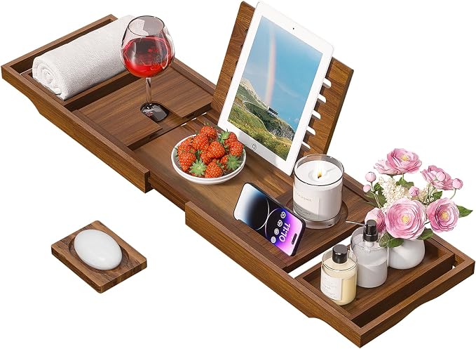 Wooden Bathtub Tray for Luxury Bathroom, Expandable Premium Teak Bath Tray by KiasthomeBathroomAccessories