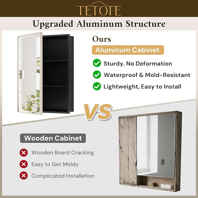 TETOTE Brushed Nickel Medicine Cabinet 24" x 30" Bathroom Mirror - Image 4