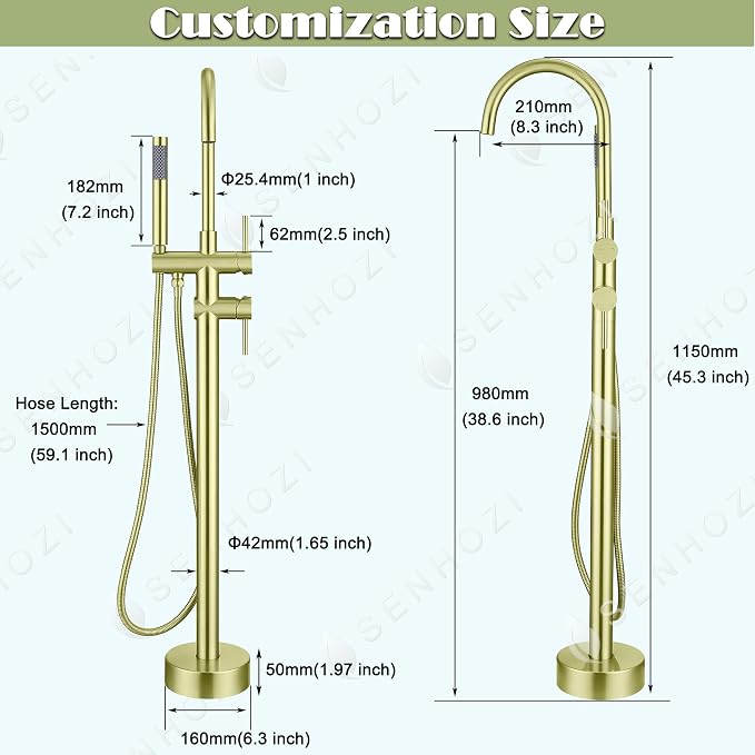Freestanding Tub Faucet Floor Mount Tub Fillers, Senhozi Brushed Gold Free - Image 6
