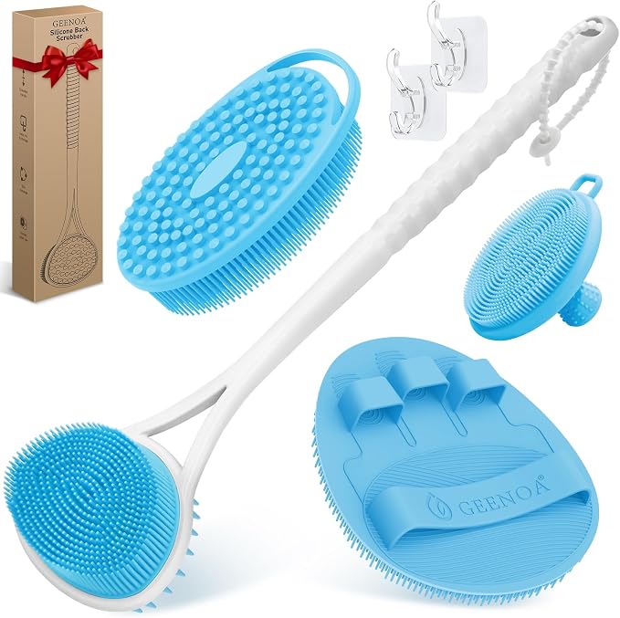 Silicone Back Body Face Scrubbers Set 4PCS, 15.35’’ Back Scrubber Soft Body by GEENOA