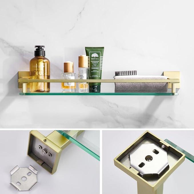 LANC Gold Bathroom Shelf Glass Shelves 20-Inch Floating Tempered Glass Shelf - Image 6