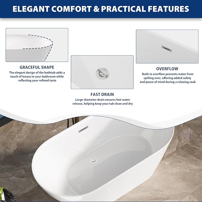 Sarlai 59 Inch Acrylic Freestanding Soaking Bathtub Contemporary Soaking White - Image 8